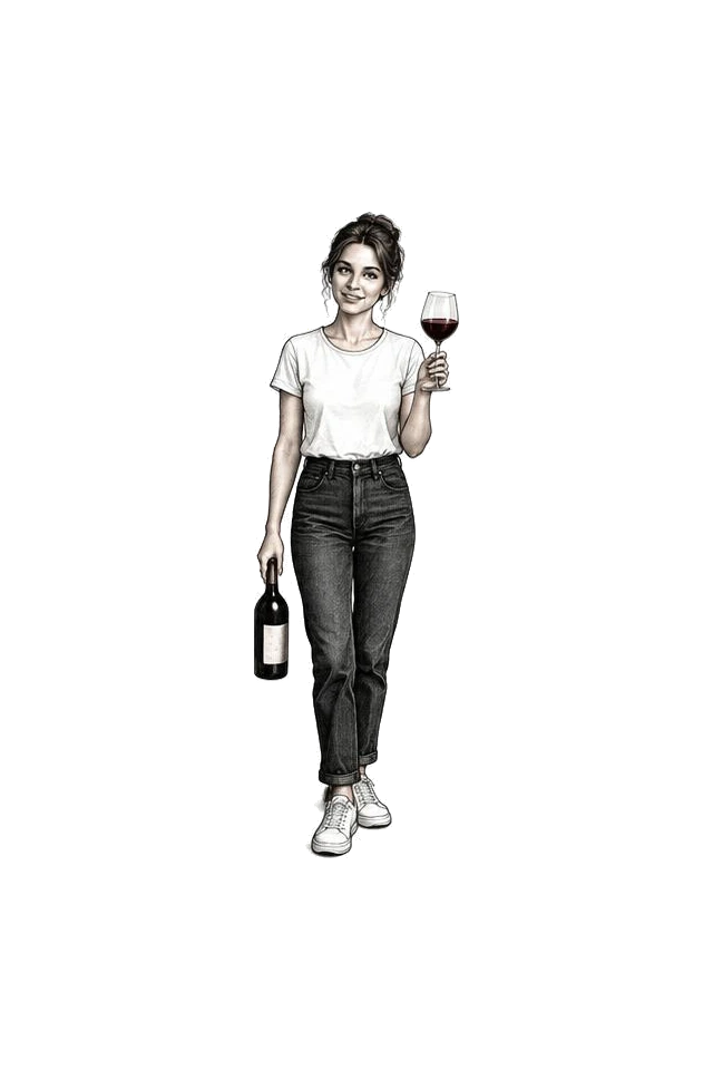 A sommelier holds a bottle and a glass of red wine