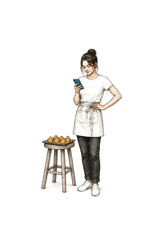 De patissier raadpleegt Sjift naast een kleine schaal soesjes