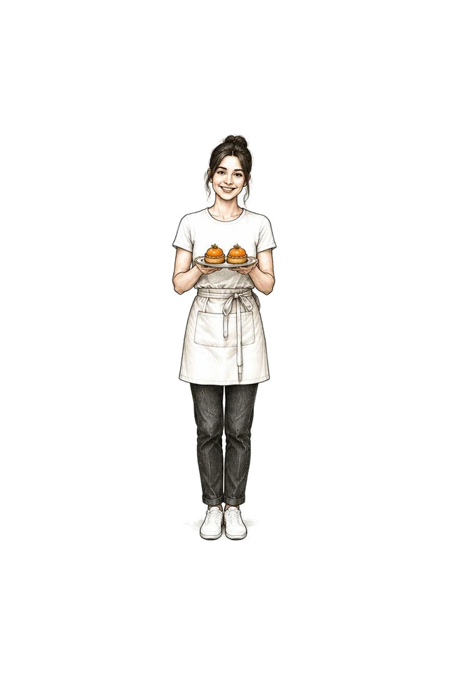 De patissier presenteert twee oranje gebakjes
